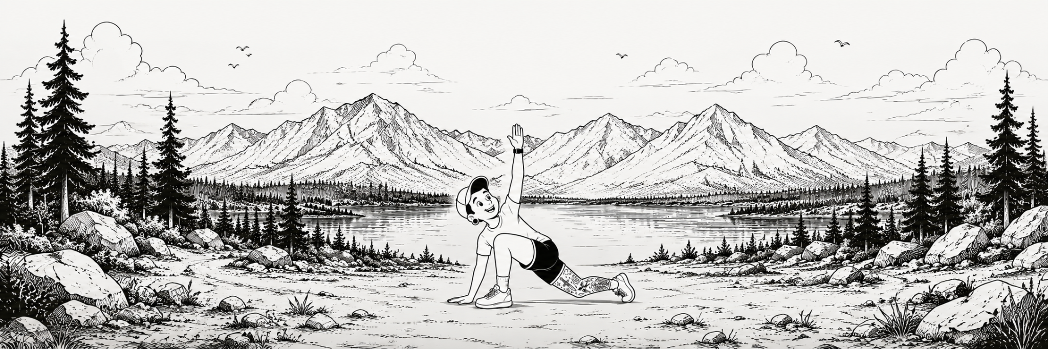 Illustration of Coach Zach stretching beside a mountain lake