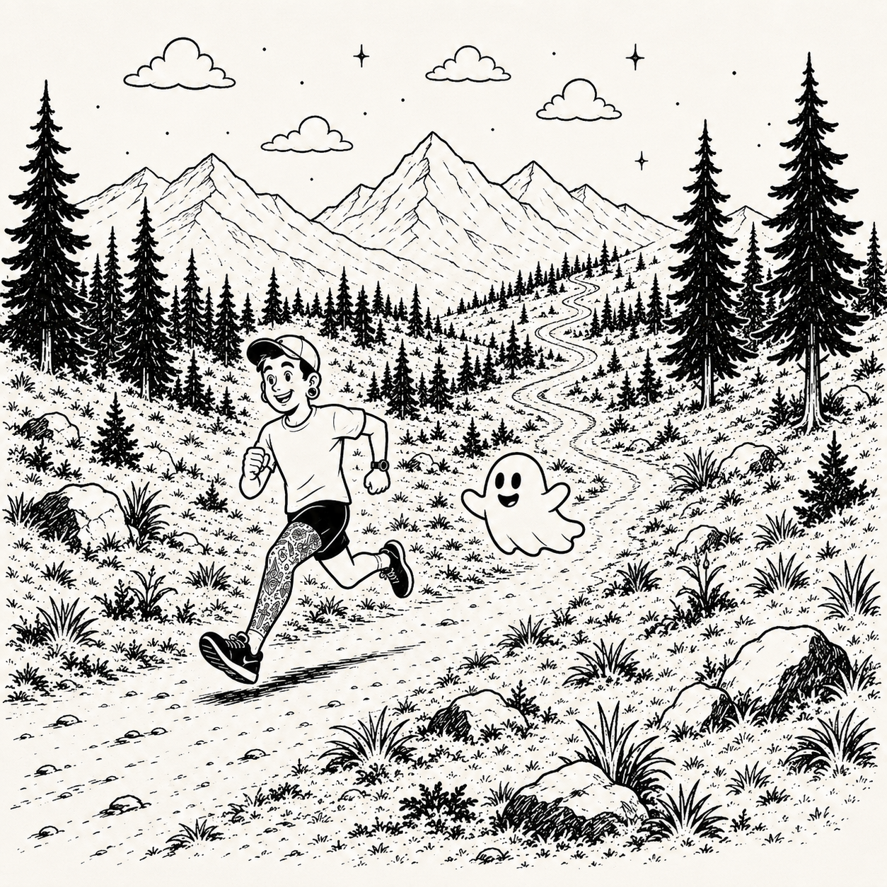 Illustration of Coach Zach running on a trail with a friendly ghost mascot
